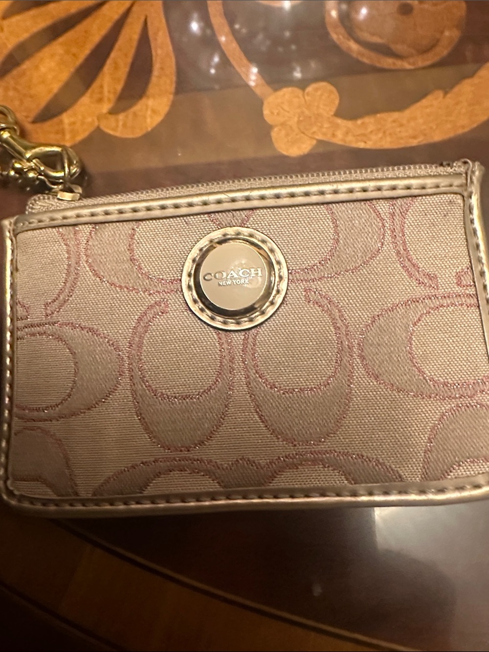Coach Beige and Pink Signature Wristlet with Gold Accent